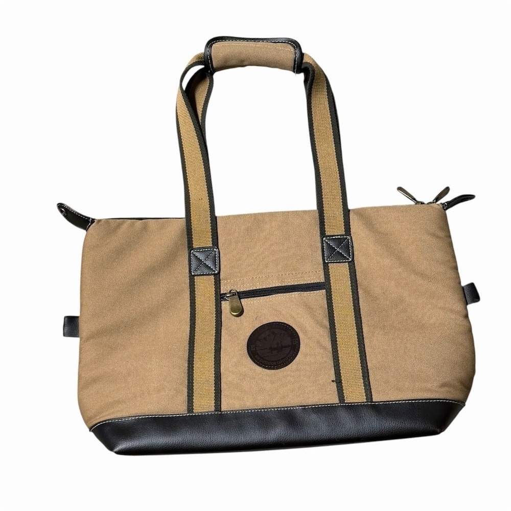 Eddie Bauer Weekender Duffel Bag Tan Canvas Black‎ Base Front Zip Pocket